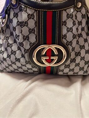 Gucci Monogram Shoulder Bag with Red and Green Web Stripe great condition